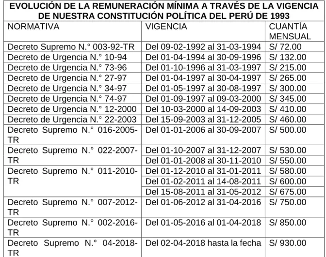 CUADRO N.° 6: LA REMUNERACIÓN MÍNIMA EN EL PERÚ CON LA  CONSTITUCIÓN DE 1993 