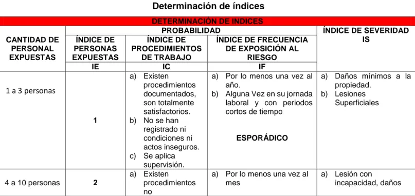 CUADRO N° 11  Determinación de índices  DETERMINACIÓN DE INDICES   CANTIDAD DE  PERSONAL  EXPUESTAS  