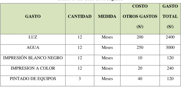 Cuadro N°10: Costo de otros gastos 