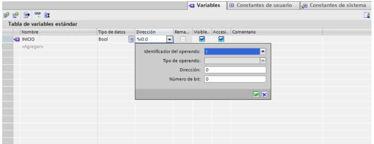Fig. IV. 23 Ingreso de Variables de PLC con sus respectivas direcciones 