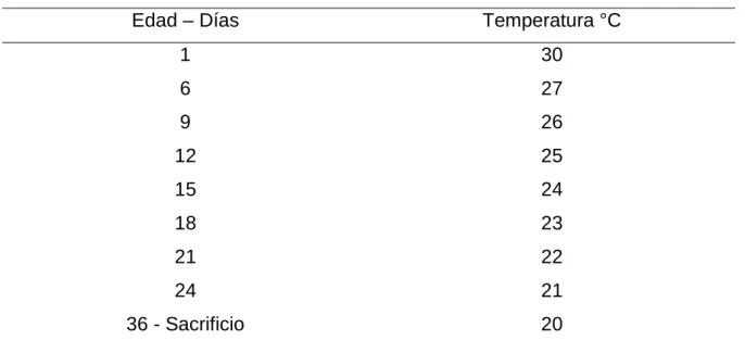 Cuadro 4.  TEMPERATURAS RECOMENDADAS PARA BROILERS.   