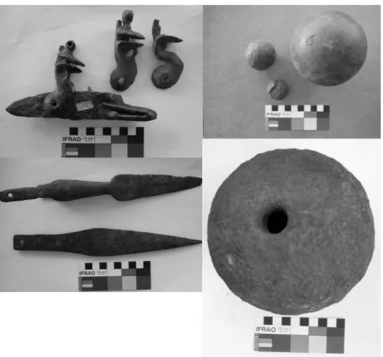 Figura 3. Artefactos militares del campo de batalla de Cepeda. Arriba izquierda, platina y martillos  de fusiles de chispa