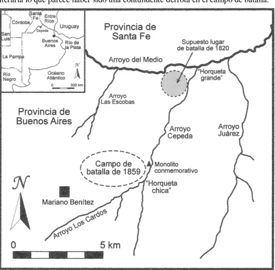 Figura 1. Área general de las investigaciones, mostrando la supuesta ubicación de los campos de  batalla de 1820 y 1859 