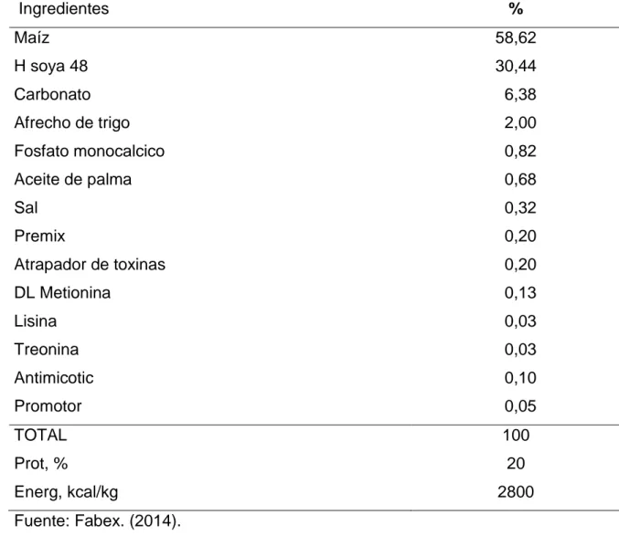 Cuadro  10.    DIETA  FORMULADA  AL  20%  DE  PROTEÍNA  CRUDA  MAS  LA             ADICIÓN DE 0,19% DE AMINOACIDOS SINÉTICOS Y 2800 Kcal 