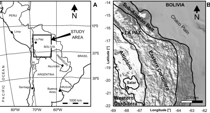 Figure 1. A: Location of the studied area in Bolivia. B: Tectonomorphic units of the Andean chain.