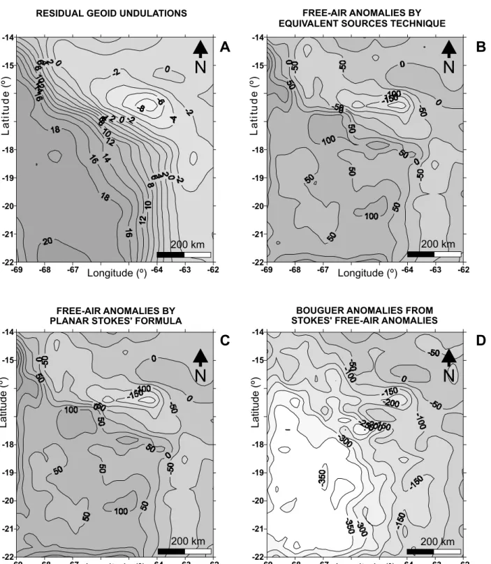 Figure 4. A: Residual geoid undulations for the studied area obtained through the sparse Fourier transform method (contour interval 2 m)