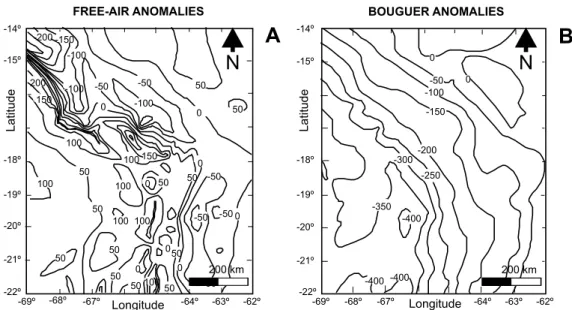 Figure 5. A: Observed free-air anomalies (contour interval 50 mGal). B: Observed Bouguer anomalies (contour interval 50 mGal)