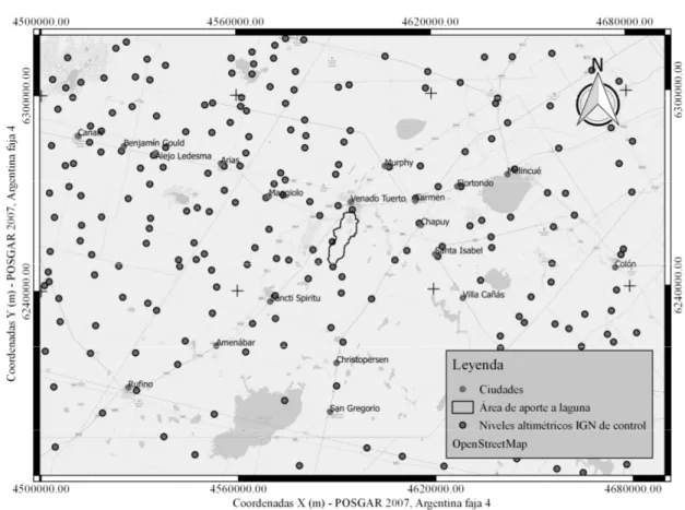 Figura 1. Ubicación de los puntos altimétricos de control del IGN respecto al área de aporte de la laguna