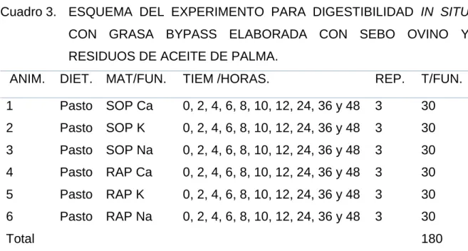 Cuadro 3.  ESQUEMA  DEL  EXPERIMENTO  PARA  DIGESTIBILIDAD  IN  SITU  CON  GRASA  BYPASS  ELABORADA  CON  SEBO  OVINO  Y  RESIDUOS DE ACEITE DE PALMA