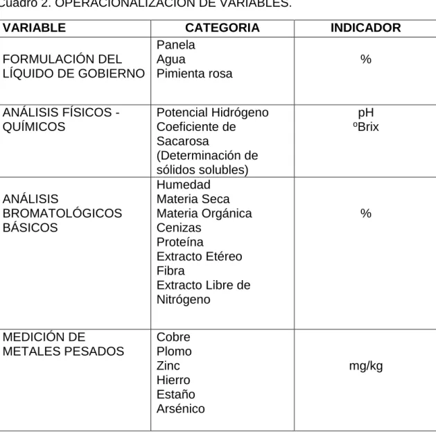 Cuadro 2. OPERACIONALIZACION DE VARIABLES. 