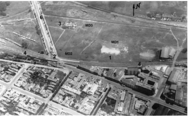 Figura 2- Foto aérea del sitio baño de Mandinga, 1930-40. 1- Remanentes del Baño. 2- Cruce Alberdi