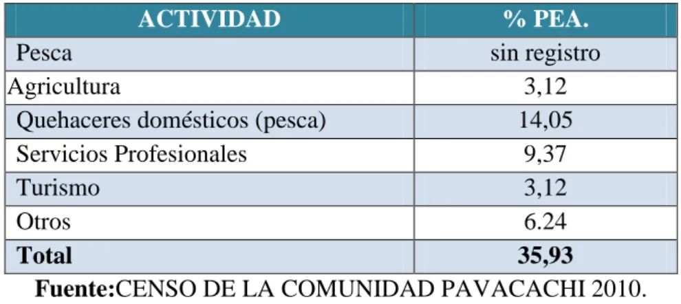Cuadro Nº 7.  Principales actividades económicas de la comunidad Pavacachi 