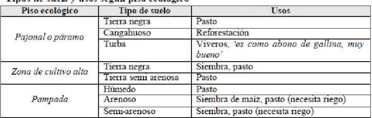 Gráfico 5. Tipos de suelo y usos según piso ecológico. 