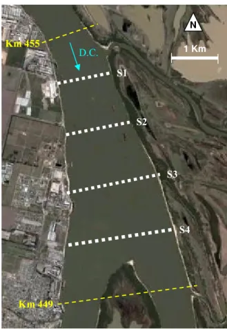 Figura 1.- Secciones de medición en el tramo Km 449-455 del río Paraná.  0.100.110.120.130.140.150.160.170.180.19 100 1000 10000 100000 1000000Re*m 