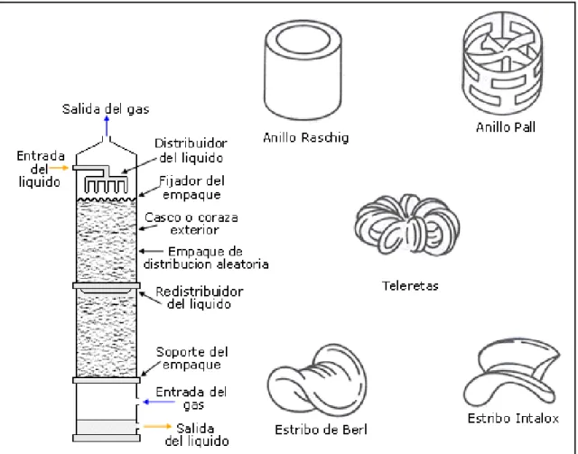 Fig. 1.2.6-1. Estructura de una columna de relleno y tipos de relleno 