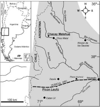 Figure 1. Location of the sampled localities in the Neuquén Basin (gray  area) superimposed on a Recent geography.