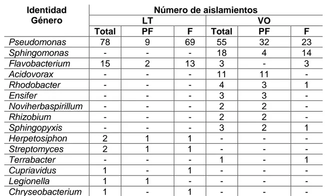 Tabla 3.7. Identidad de los aislamientos en relación al origen de la muestra.  