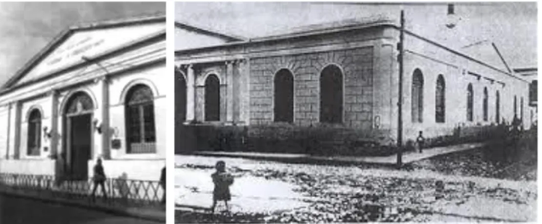 Figura 3: Escuela Normal Clara J. Amstrong, a la izquierda foto actual y a la  derecha foto de 1890 tomando la intersección de las calles San Martín y Salta 