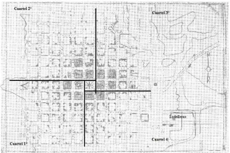 Figura 1: Plano del Casco Histórico de Catamarca, lo sombreado representa las  manzanas con construcciones en la ciudad para 1887, en el cuartel 4° se señaliza  la ubicación de las ladrilleras