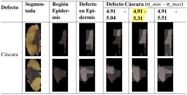 Tabla 5.13: Detección de defectos “Cáscara”, a través del algoritmo Detectar Defecto (Alg