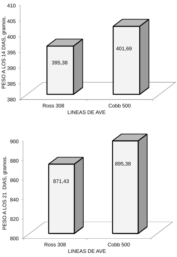 Gráfico 2.  Comportamiento del peso a los 14 y 21 días, 