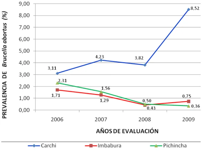 Gráfico 5.  Prevalencia de Brucella abortus, en bovinos de las provincias de la Sierra Norte del Ecuador durante el periodo  2006-2009.