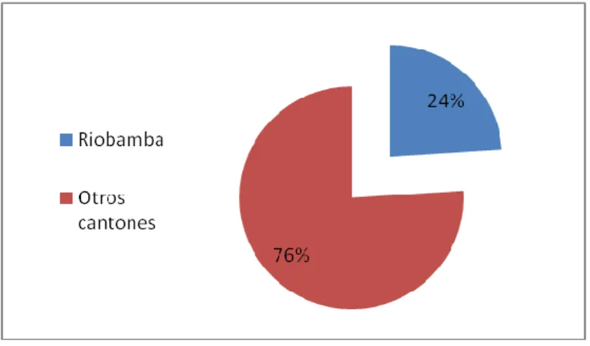 GRÁFICO No.4   PORCENTAJE DE PACIENTES QUE RECIDEN EN CANTONES DIFERENTES AL  CANTÓN  RIOBAMBADURANTE  EL  PERÍODO  DE  INVESTIGACIÓN  EN  EL  HOSPITAL PROVINCIAL GENERAL DOCENTE DE RIOBAMBA