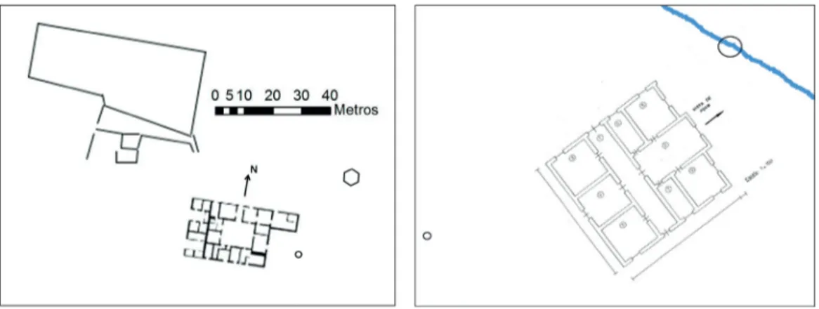 Figura 4. Planos donde se observa la disposición de las estructuras principales y asociadas para los  dos casos analizados: San Carlos (izquierda) y Casa de Piedra de la Isla de Puan (derecha).
