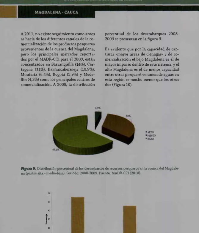 Figura 9. Distribución porcentual de los desembarcos de recursos pesqueros en la cuenca del Magdale- Magdale-na (partes alta.- media-baja)