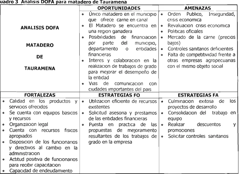 Cuadro 3 Ana 1515 DOFA para matadero de Tauramena