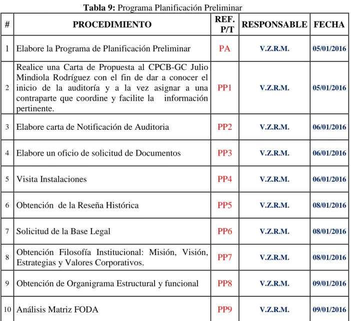 Tabla 9: Programa Planificación Preliminar 