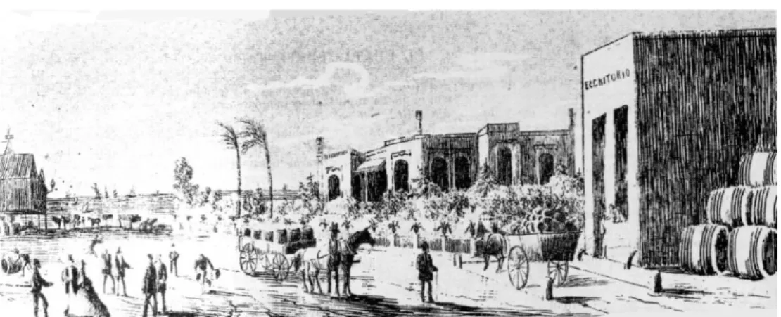 Figura 1. El playón central de la fábrica Bieckert hacia 1875. El edificio antiguo  debe ser el de la derecha atrás 