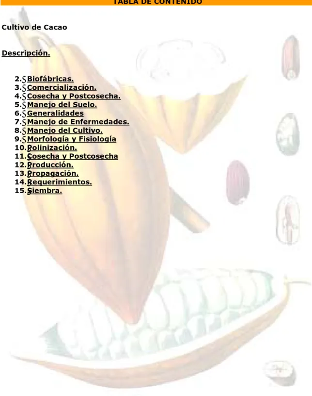 TABLA DE CONTENIDO  Cultivo de Cacao  Descripción.  2.  Biofábricas.  3.  Comercialización