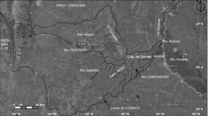 Figura 1. Cuenca del río Carcarañá - Tercero o Ctalamochita. Imagen de fondo Google Earth ©.