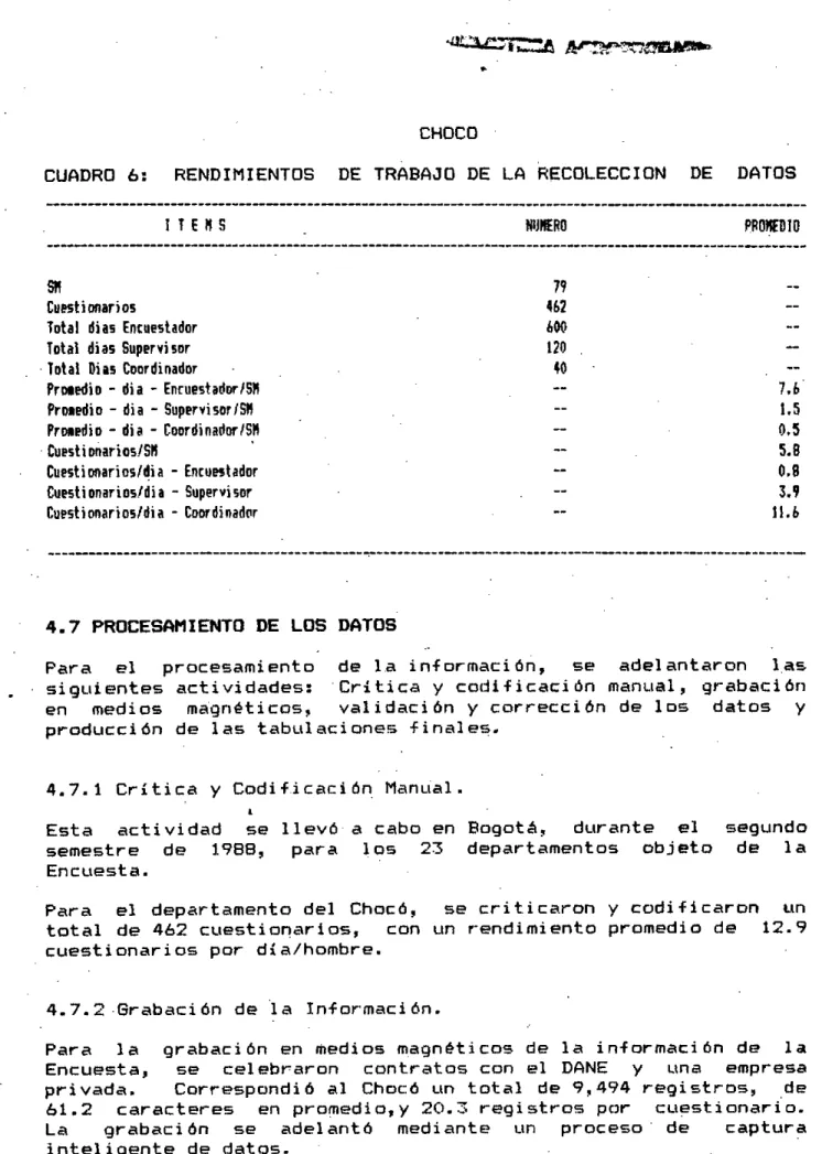 CUADRO 6: RENDIMIENTOS DE TRABAJO DE LA RECOLECCION DE DATOS