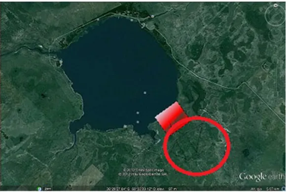 Figura 4. Localización de la zona posiblemente relevada por Bórmida en 1960 y el FBG (círculo rojo), relevado arqueológicamente desde 1992 hasta la actualidad.