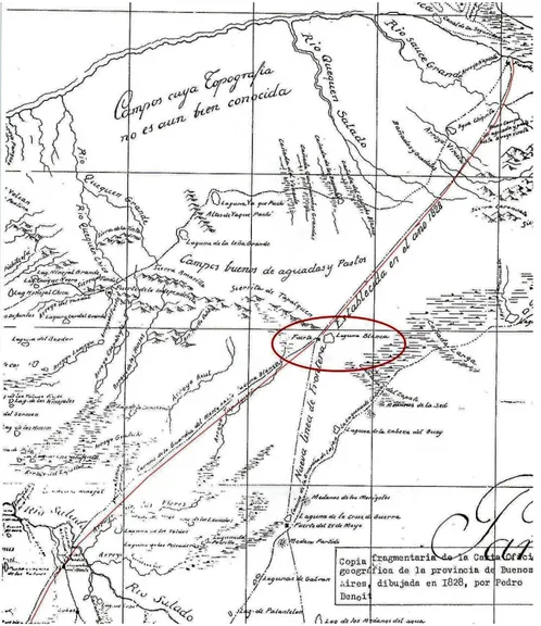 Figura 3. Copia de la Carta Oficial geográfica de la provincia de Buenos Aires dibujada en 1828  por Pedro Benoit, donde se puede observar el FBG y el Camino de la Guardia del Norte hacia  Laguna Blanca Grande, posteriormente denominada Camino de los Indio