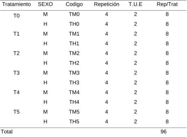 Cuadro 5.  ESQUEMA DEL EXPERIMENTO CRECIMIENTO - ENGORDE  Tratamiento  SEXO  Codigo  Repetición  T.U.E  Rep/Trat 