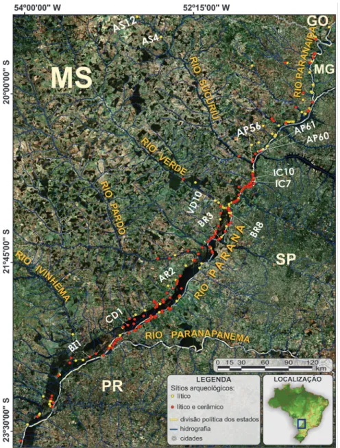 Figura 2. Sítios arqueológicos localizados no alto curso do rio Paraná (MS), com a identificação daqueles aqui  referenciados.