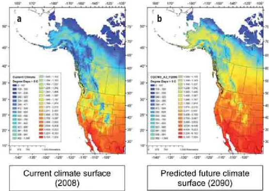 Figure 5.  Example of current and future climate surface for one climatic factor (Degree Days           