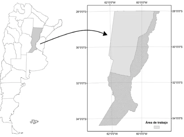 Figura 1. Área de trabajo limitada por la ruta nacional Nº 11 y el límite provincial hacia el norte; por el  río Paraná hacia el este; por la ruta nacional Nº 19 y el límite provincial hacia el oeste y el sur