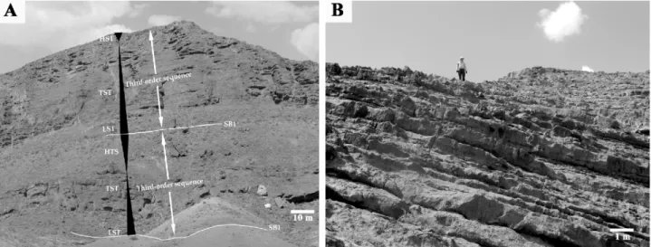 Figure 3. Tang-e Vaveila section. A: The Member D of the Gachal Formation showing the third-order depositional sequences, with NE view