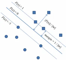 Figure 2.2 shows a representation of how the margin describes the line that correctly classifies the data points.