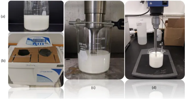 Figure 3.2: Physical synthesis: (a) Solution made of UHMWPE + TiO 2 NPs + 2-propanol alcohol; (b) Indirect ultrasonic bath for the dispersion of TiO 2 NPs inside the UHMWPE lamellae; (c) Direct tip ultrasonic attack helping the pre-dispersion of agglomerat