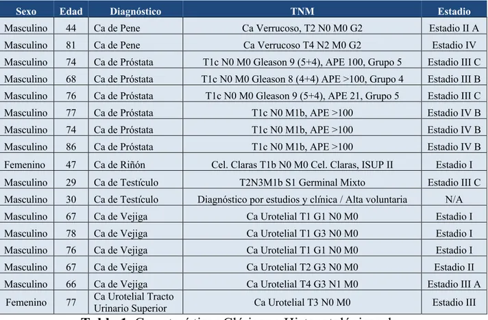 Tabla 1. Características Clínicas e Histopatológicas de   pacientes confirmados con cáncer genitourinario 