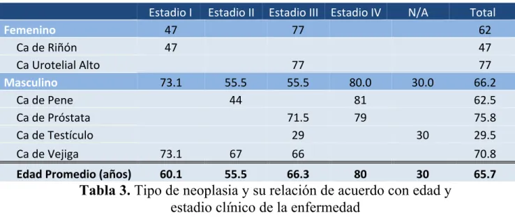 Tabla 3. Tipo de neoplasia y su relación de acuerdo con edad y   estadio clínico de la enfermedad 