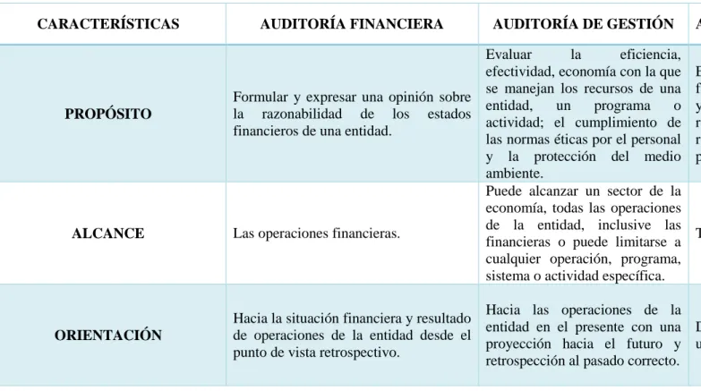 Tabla 8: Características de las auditorías que componen la auditoría integral 