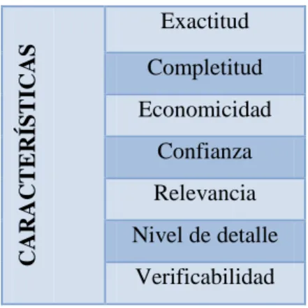 Figura No 3: Características de los sistemas de información  CARACTERÍSTICAS  Exactitud  Completitud  Economicidad Confianza Relevancia  Nivel de detalle  Verificabilidad  Fuente: (Tamayo Alzate, 2010)