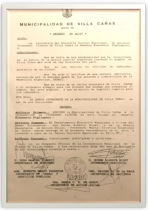 Fig. 15. Decreto que adhiere a la declaración del  Honorable Concejo Municipal. 