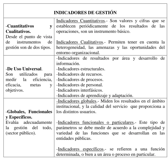 Cuadro 3: Clasificación de los Indicadores de Gestión  